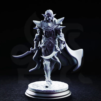 Front view of Vessels of Irinax Drow Soldier 2 advancing with two curved swords and wearing masked spider-themed armor