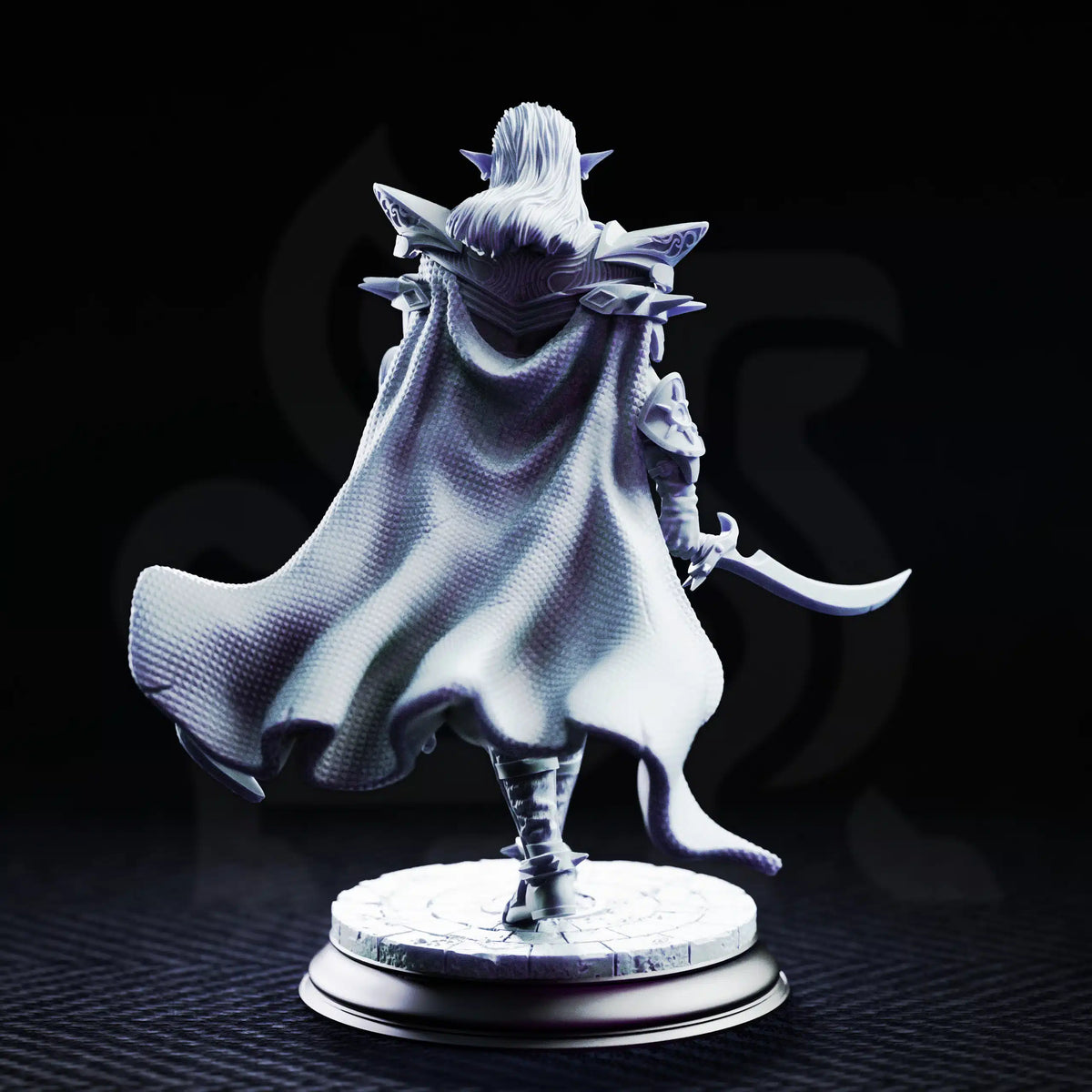 Rear view of Vessels of Irinax Drow Soldier 2 showing long hair, spiked shoulder armor, a textured cloak, and two curved swords