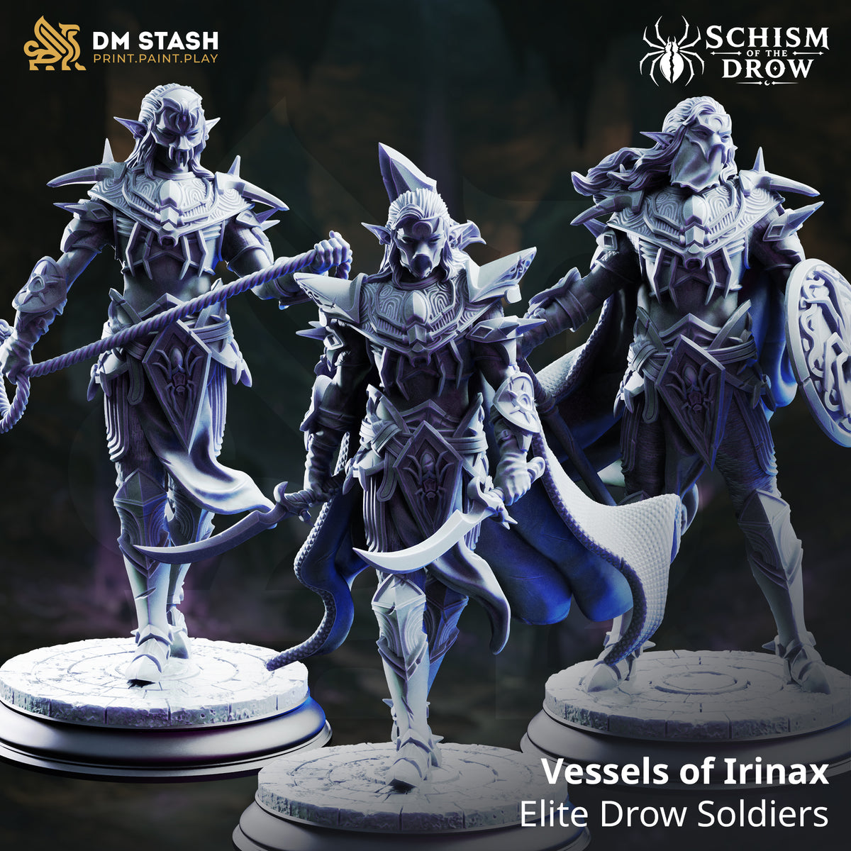 Three Vessels of Irinax Drow fighter variants wearing spider-themed armor and carrying a spear & shield, dual swords, and bladed whip