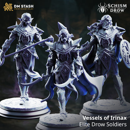 Three Vessels of Irinax Drow fighter variants wearing spider-themed armor and carrying a spear & shield, dual swords, and bladed whip