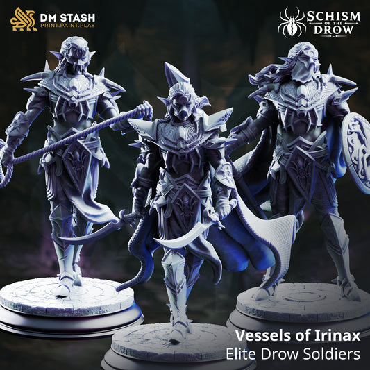 Three Vessels of Irinax Drow fighter variants wearing spider-themed armor and carrying a spear & shield, dual swords, and bladed whip