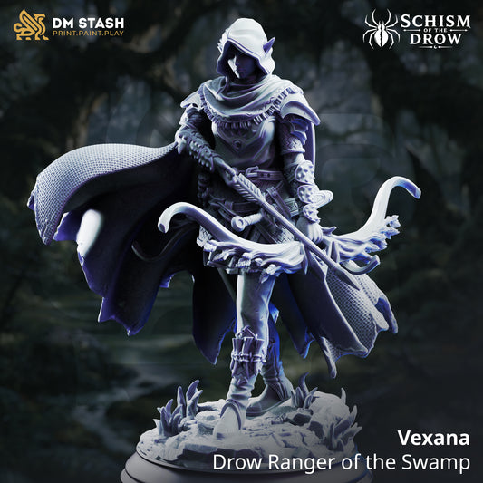 Vexana Drow ranger miniature carrying an organic bow while wearing a hood, layered armor, and sweeping cloak on a swamp base