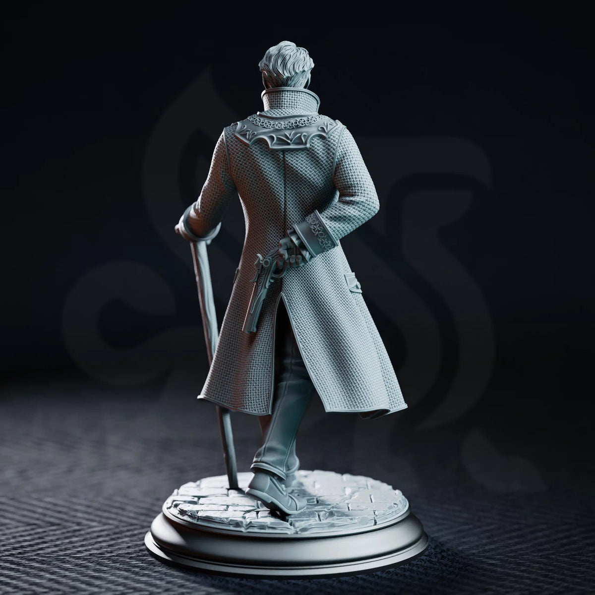 Rear view of Victor Montgomery showing his textured long coat and a pistol concealed behind his back.