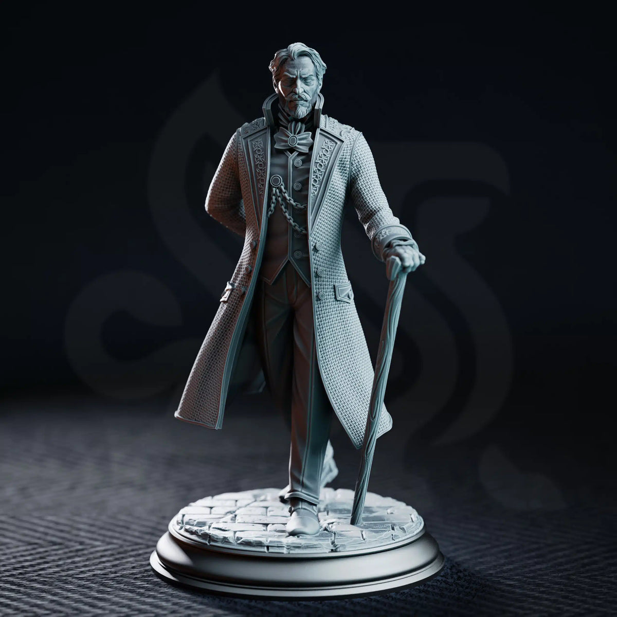 Front view of Victor Montgomery standing with a walking cane in detailed formal clothing and a long textured coat.