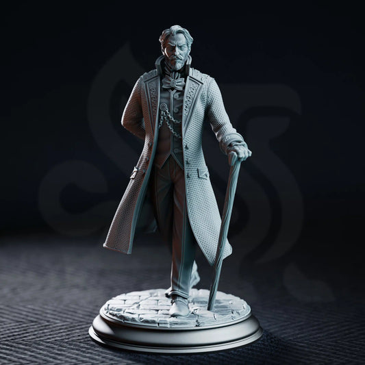 Front view of Victor Montgomery standing with a walking cane in detailed formal clothing and a long textured coat.