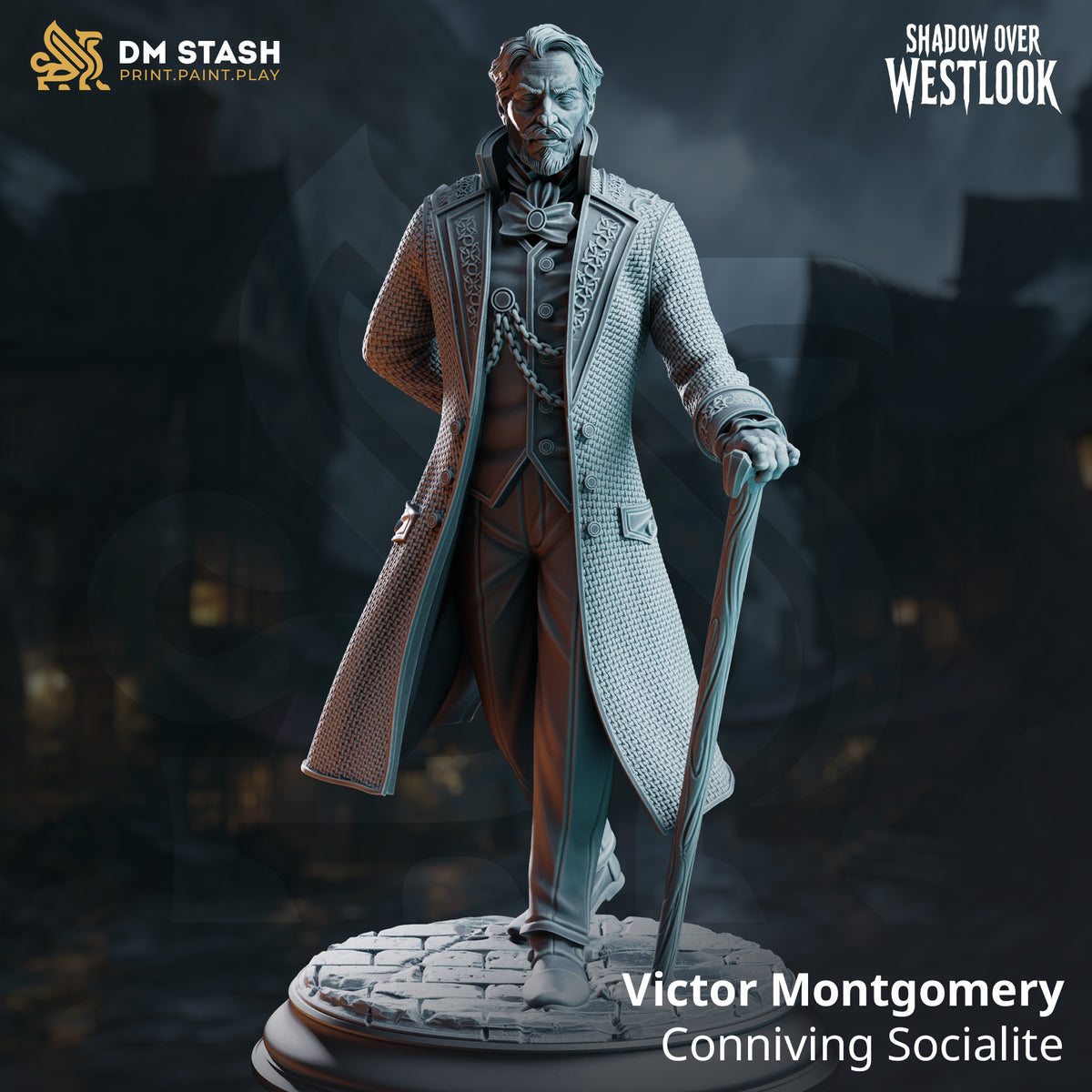 Victor Montgomery Human Rogue holding a walking cane in an ornate long coat on a cobblestone base.