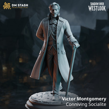 Victor Montgomery Human Rogue holding a walking cane in an ornate long coat on a cobblestone base.