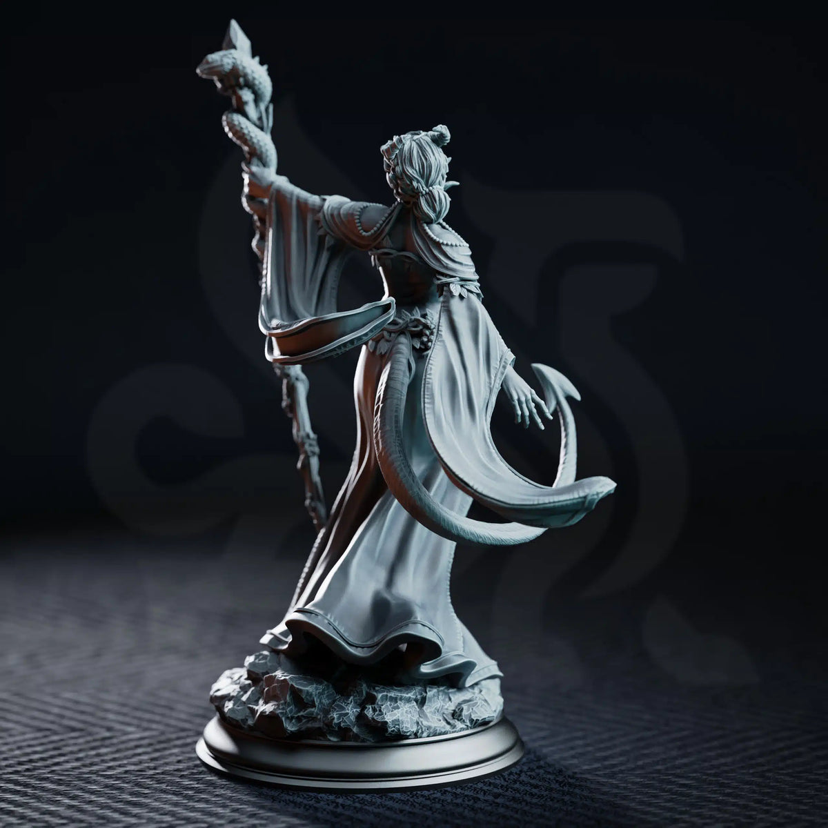 Rear view of Violet Moonridge showing her flowing robes, long tail, and raised ritual staff.
