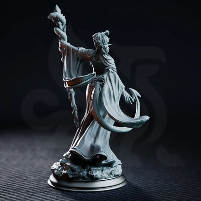 Rear view of Violet Moonridge showing her flowing robes, long tail, and raised ritual staff.