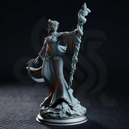 Front view of Violet Moonridge holding a detailed ritual staff and wearing flowing ceremonial robes.