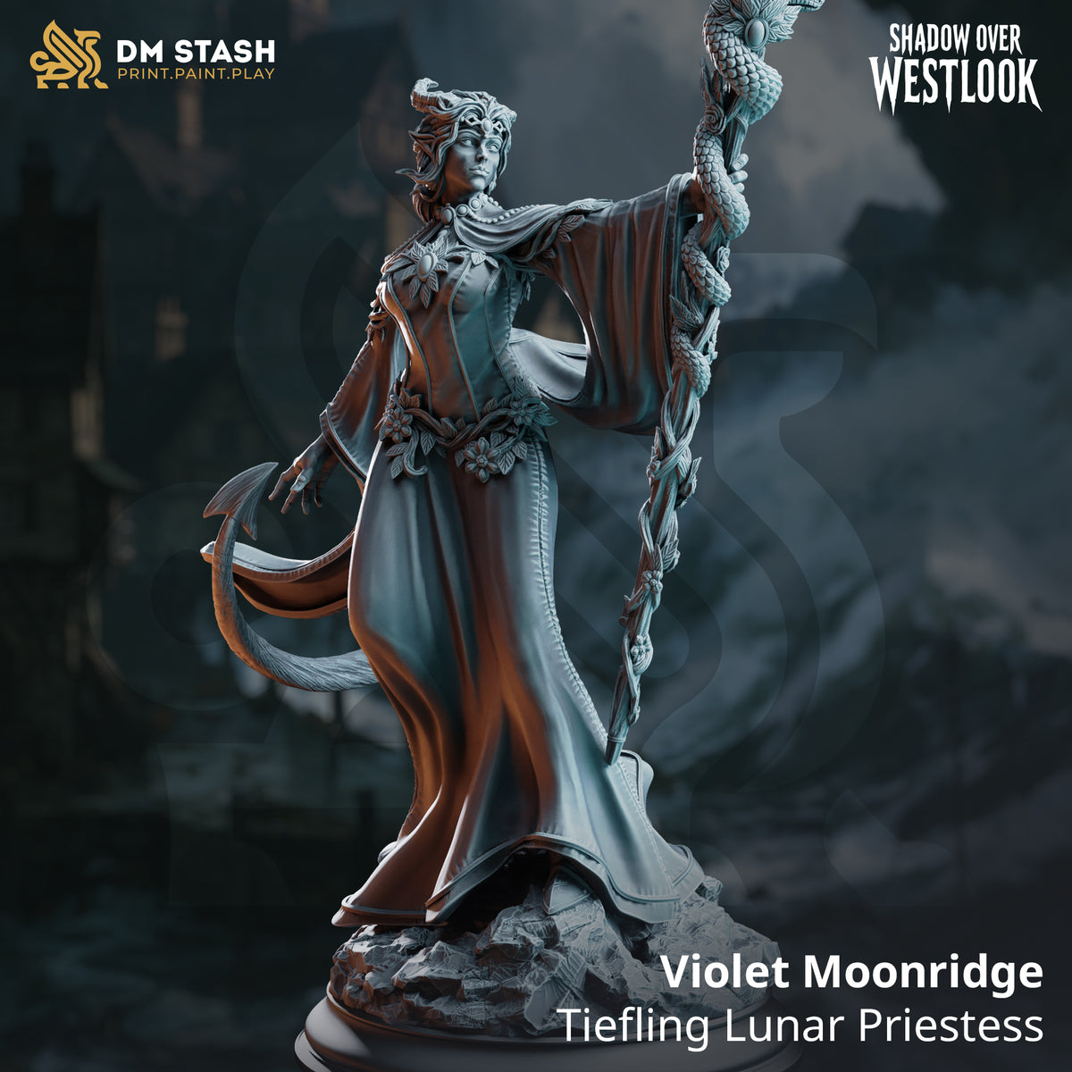 Violet Moonridge, a tiefling cleric, stands in flowing robes with a ritual staff on a rocky base.