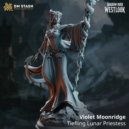 Violet Moonridge, a tiefling cleric, stands in flowing robes with a ritual staff on a rocky base.
