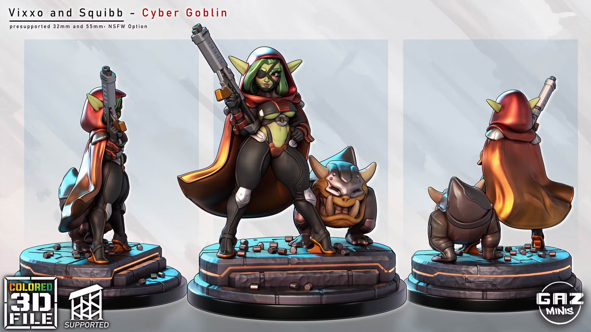 Colored render of Vixxo Chrome Shot and her armored companion Squibb on a futuristic rubble-strewn scenic base.