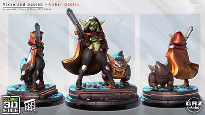 Colored render of Vixxo Chrome Shot and her armored companion Squibb on a futuristic rubble-strewn scenic base.
