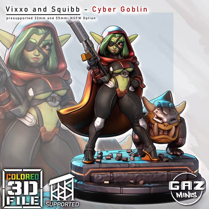 Vixxo Chrome Shot the Goblin Ranger holding a futuristic firearm beside her armored companion Squibb on a cyber-themed scenic base.