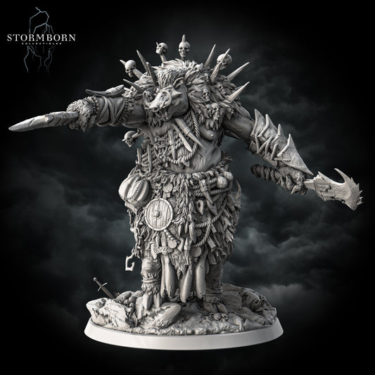 Direct front view of Vorakthos God of Ferocity resin miniature wielding a spear and cleaver by Stormborn Collectibles.