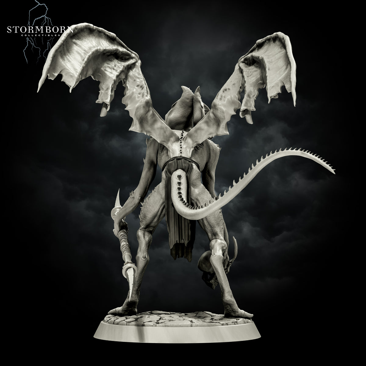 Rear view of Vykrol Demon displaying wing attachment, spine texture, and curving spiked tail by Stormborn Collectibles.