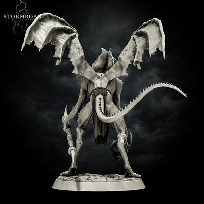 Rear view of Vykrol Demon displaying wing attachment, spine texture, and curving spiked tail by Stormborn Collectibles.