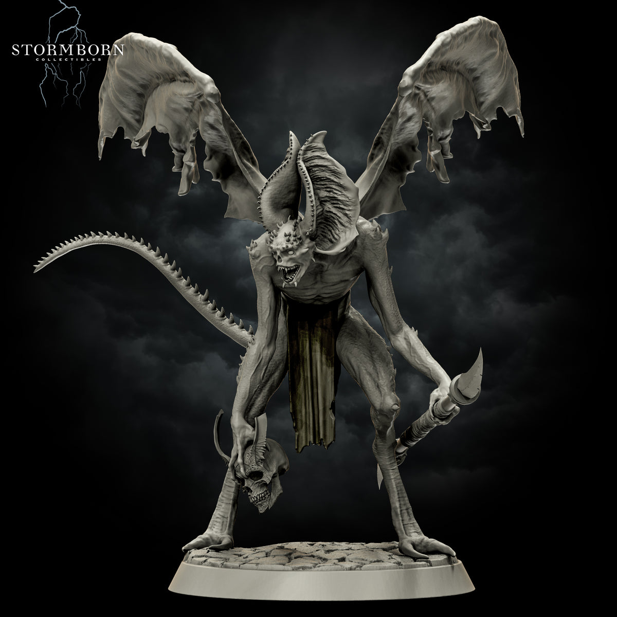 Direct front render of Vykrol Demon displaying horned head, tattered loincloth, and spiked tail by Stormborn Collectibles.