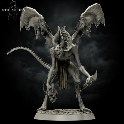 Direct front render of Vykrol Demon displaying horned head, tattered loincloth, and spiked tail by Stormborn Collectibles.