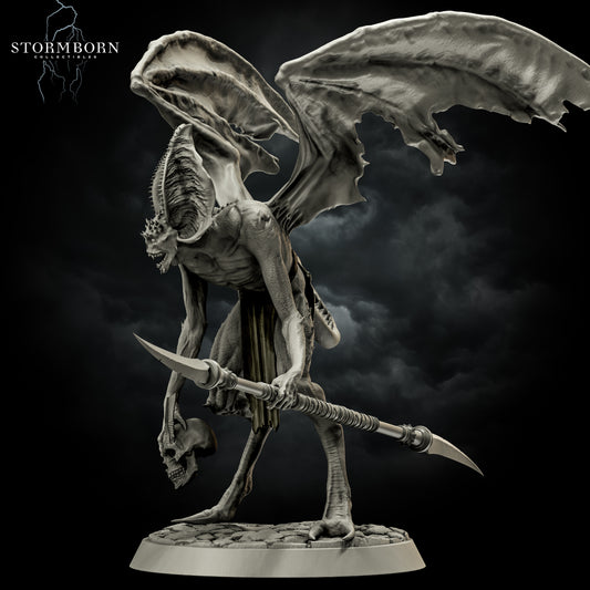 Left three-quarter angle of Vykrol Demon showing bladed spear grip and ragged wing detail by Stormborn Collectibles.