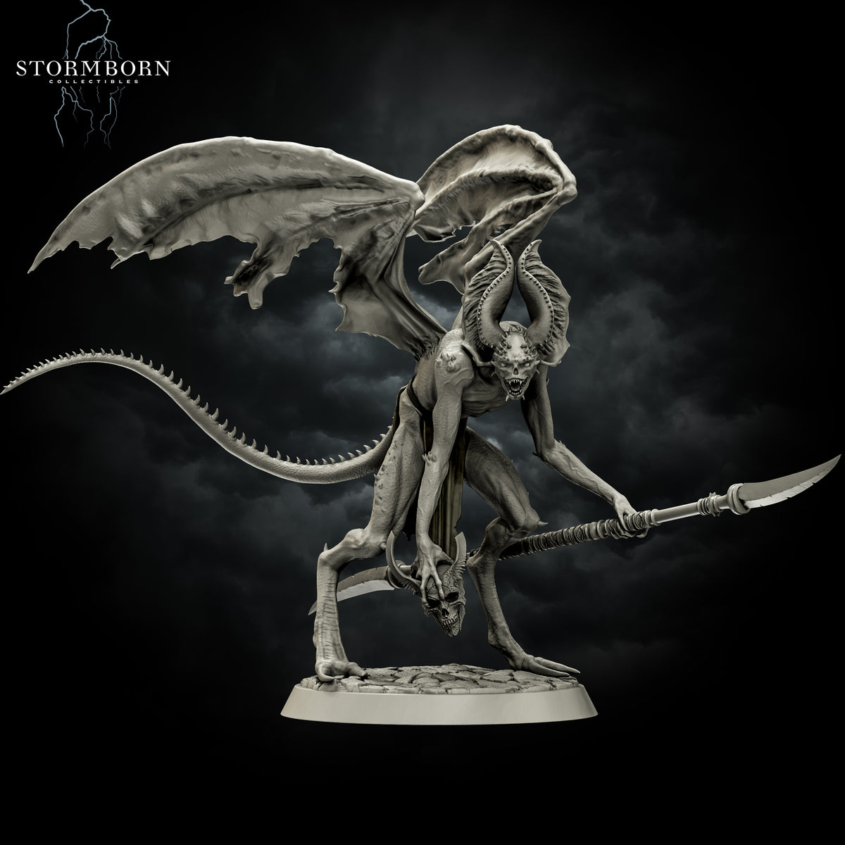 Right three-quarter view of Vykrol Demon resin miniature holding a spear and severed horned head by Stormborn Collectibles.