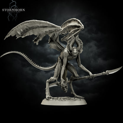 Right three-quarter view of Vykrol Demon resin miniature holding a spear and severed horned head by Stormborn Collectibles.