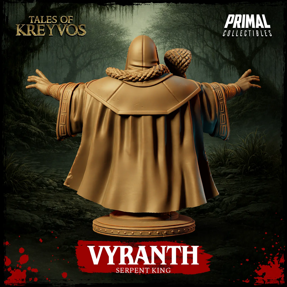 Rear render view of the Vyranth Serpent King display bust showing the full cloak collar and back pedestal base.