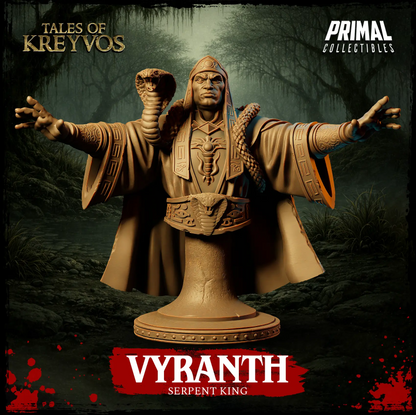 Front render view of the Vyranth Serpent King collector bust mounted on a classic pedestal base.