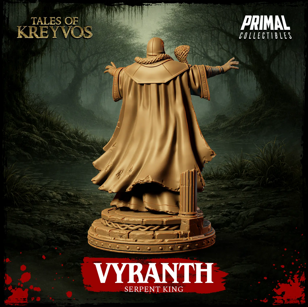 Rear render view of the Vyranth Serpent King miniature showing the flowing hooded cape and sleeve embroidery.