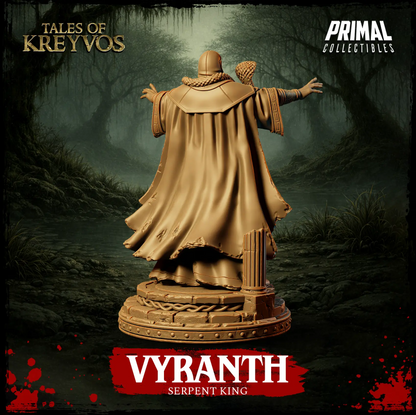 Rear render view of the Vyranth Serpent King miniature showing the flowing hooded cape and sleeve embroidery.