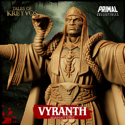 Close up render view of the unpainted resin Vyranth Serpent King miniature showing stern facial features and shoulder-draped cobra.
