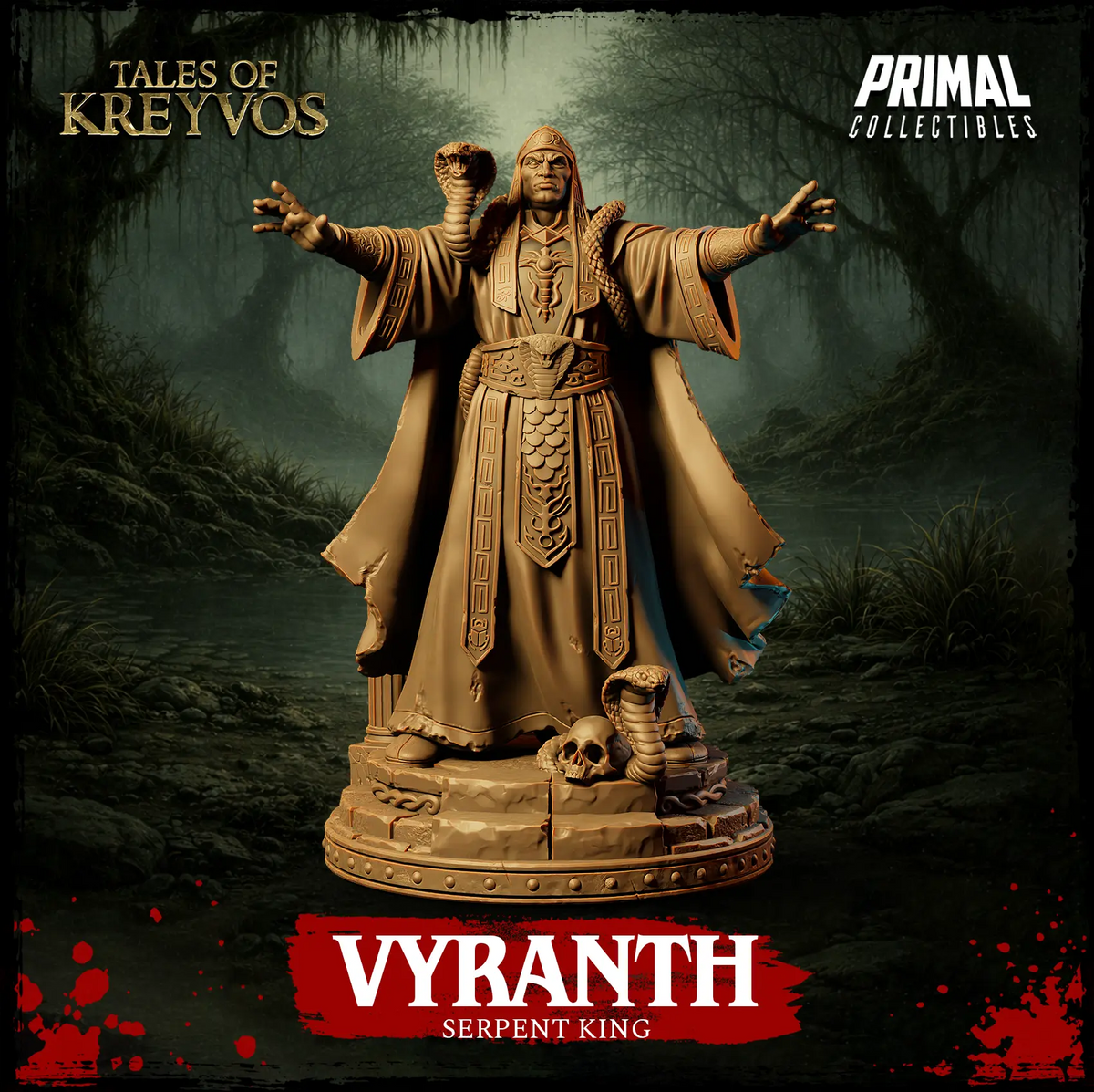 Front view render of the Vyranth Serpent King miniature standing on a ruined stone base with outstretched arms.