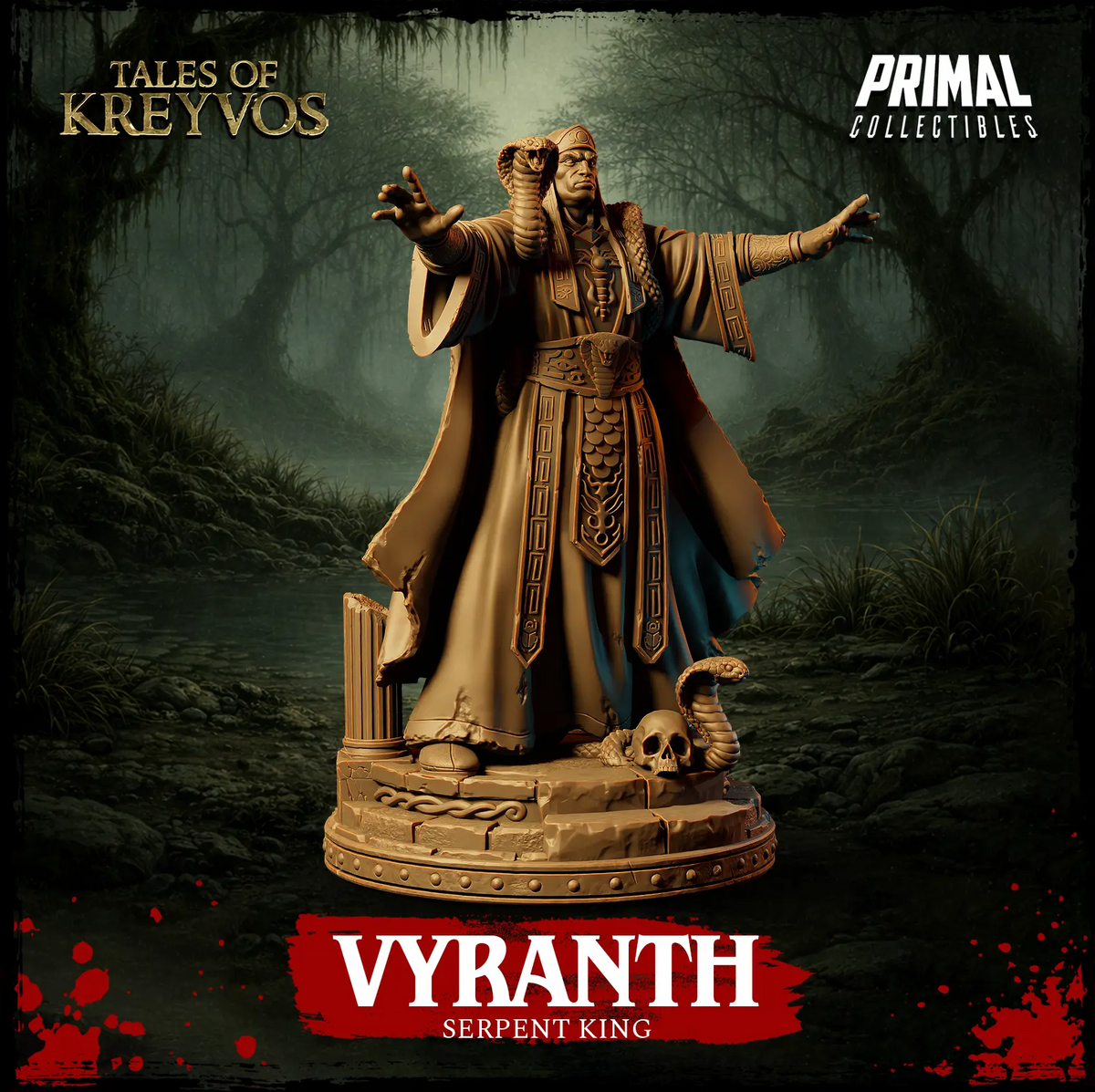 Side view render of the Vyranth Serpent King miniature highlighting the base column, skull detail, and coiling cobra.