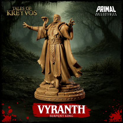 Three-quarter render view of the Vyranth Serpent King tabletop miniature showing layered robes and dynamic pose.