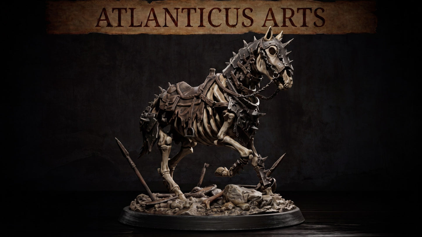 Front wide-angle render of the unpainted resin Warhorse Undead Skeleton miniature by Atlanticus Arts showcasing spiked horse armor and a detailed 50mm scenic base with broken weapons.