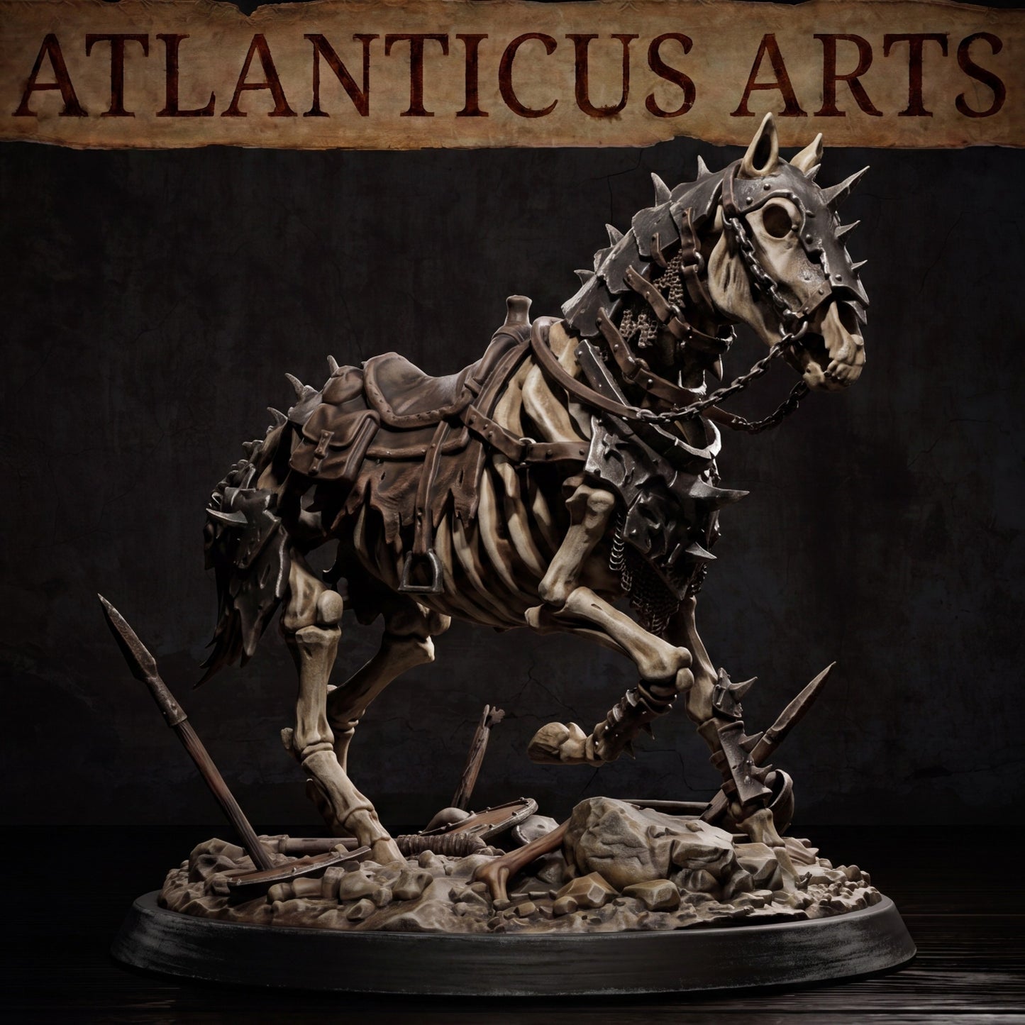 Close-up preview render of the 32mm scale skeletal warhorse showing detailed chain reins, leather saddlebags, and battlefield debris on the base.