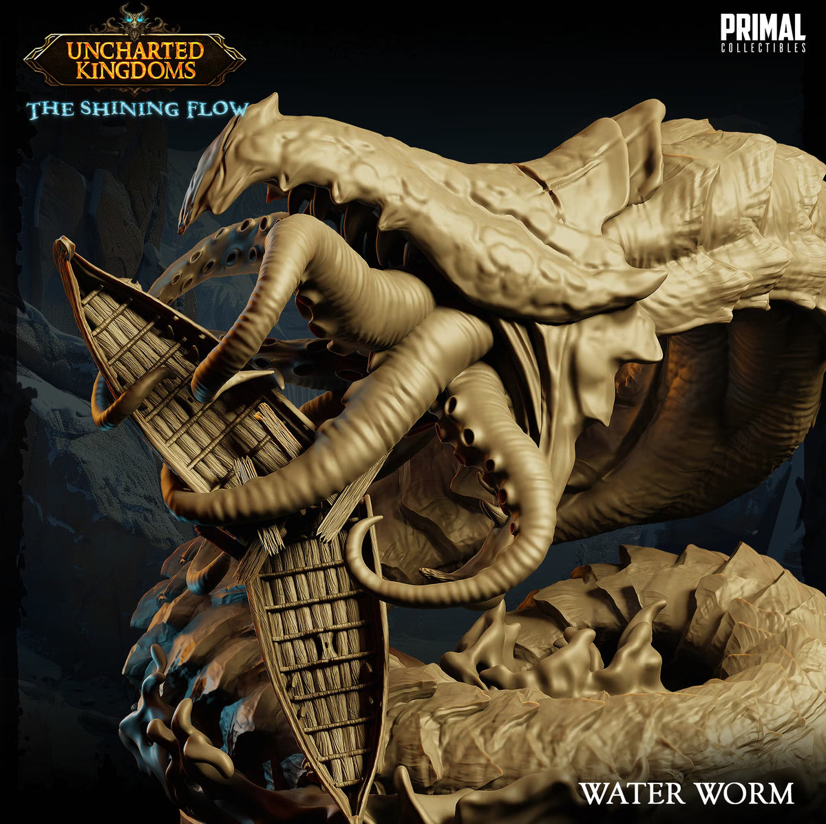 Close view of Water Worm showing its armored head, massive jaws, curved teeth, tentacles, and broken boat.