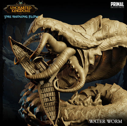 Close view of Water Worm showing its armored head, massive jaws, curved teeth, tentacles, and broken boat.