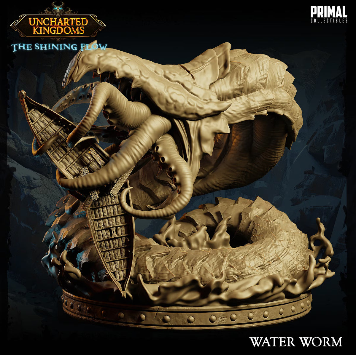 Water Worm Huge Monstrosity attacking a shattered wooden boat with multiple tentacles above a turbulent scenic water base.