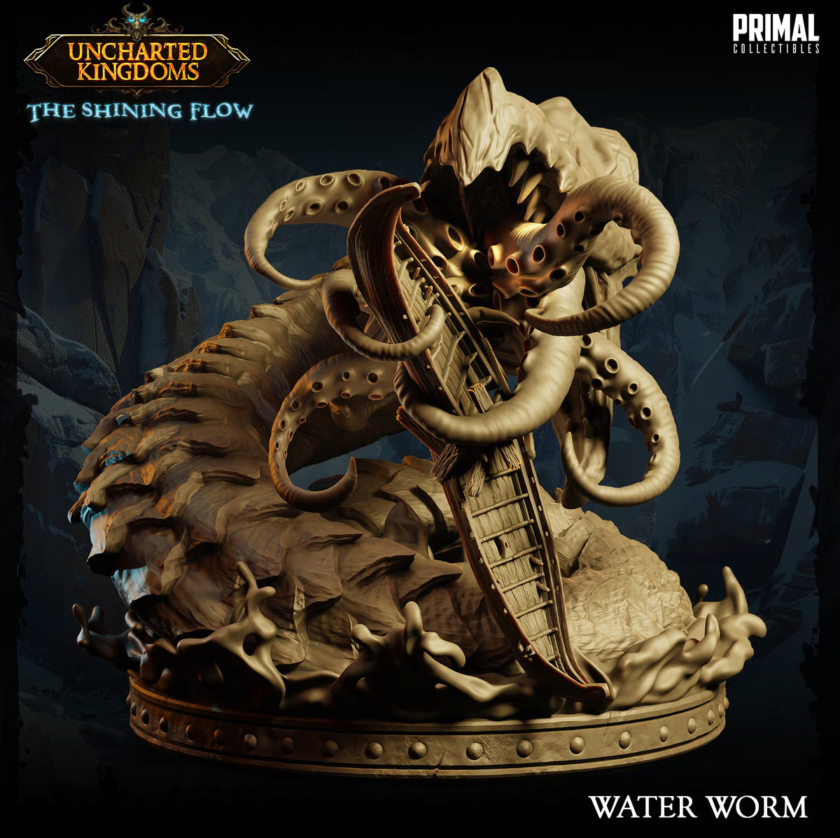 Front view of Water Worm wrapping multiple tentacles around a broken boat while rising from turbulent water.