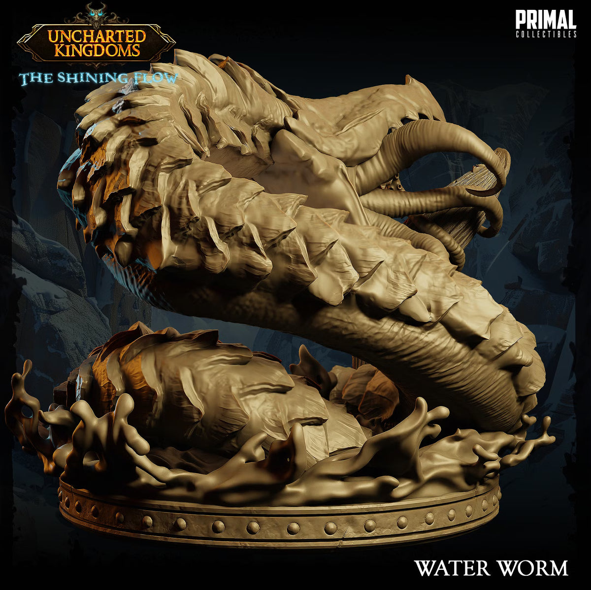 Rear view of Water Worm showing its layered armored body, tentacles, broken boat, and large scenic water base.