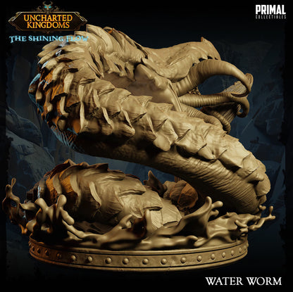 Rear view of Water Worm showing its layered armored body, tentacles, broken boat, and large scenic water base.