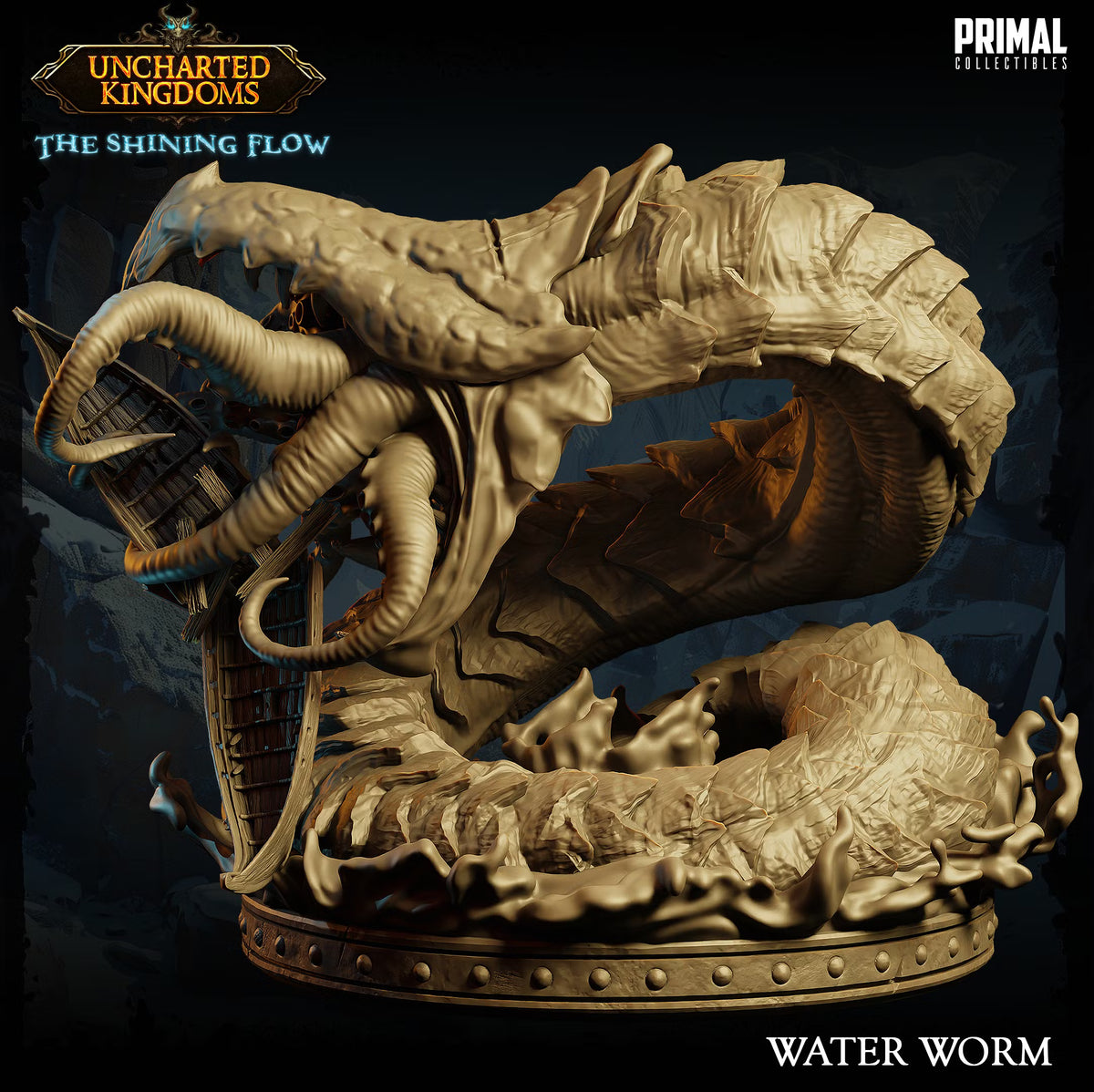 Side view of Water Worm showing its armored body, tentacles, wrecked boat, and churning water scenic base.
