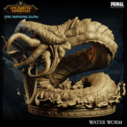 Side view of Water Worm showing its armored body, tentacles, wrecked boat, and churning water scenic base.