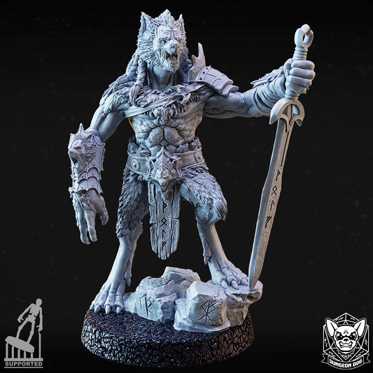 Werewolf Alpha Pose - holding sword by Dungeon Dog, ferocious 32mm werewolf miniature with detailed fur and rocky base.