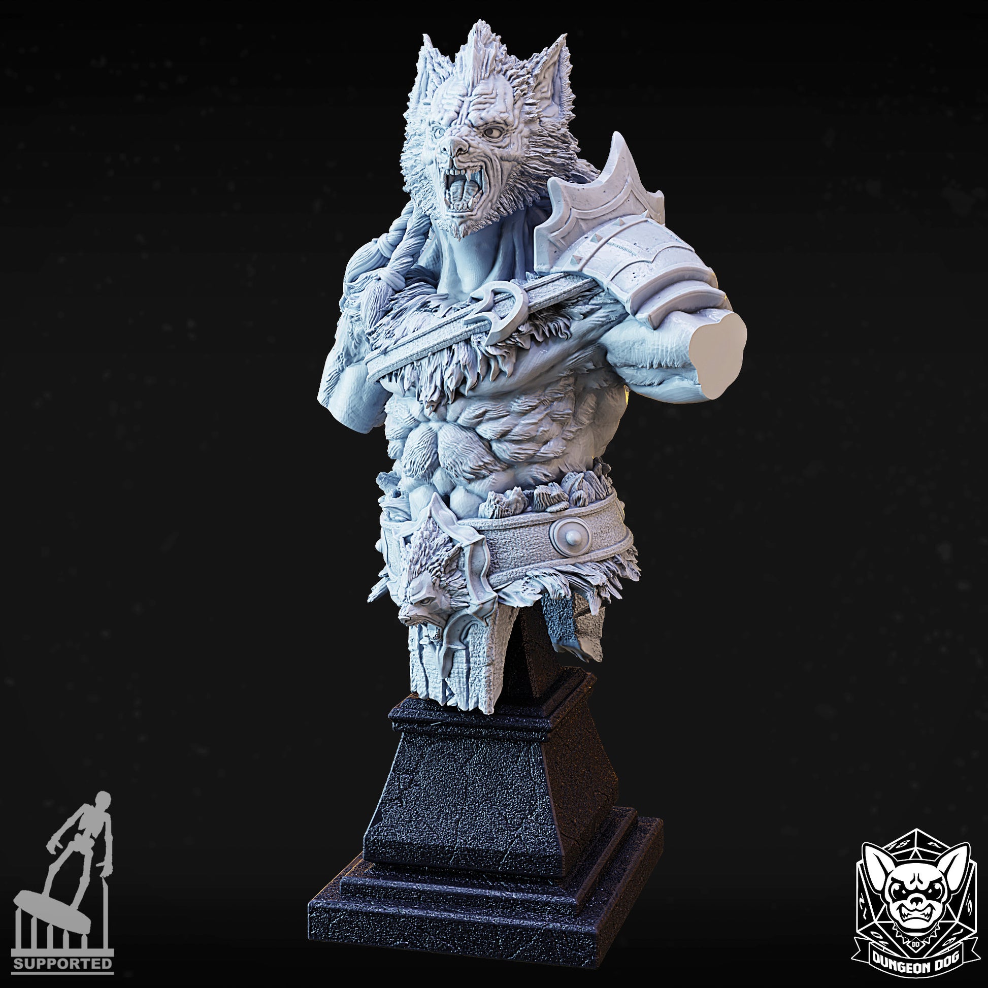 Three-quarter angled view of the 50mm werewolf mini bust showing chest muscles and stone-textured pedestal stand.