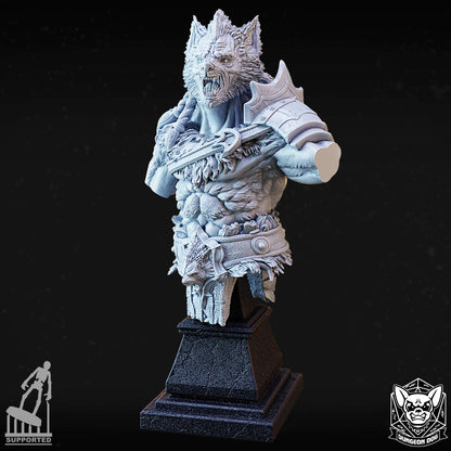 Three-quarter angled view of the 50mm werewolf mini bust showing chest muscles and stone-textured pedestal stand.