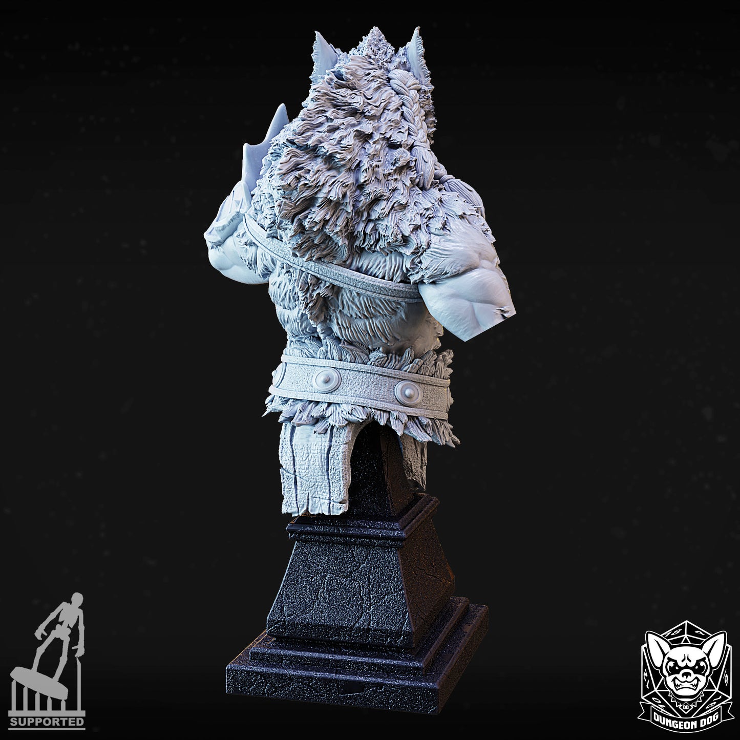 Rear turnaround view of the werewolf resin display bust showing high-detail fur textures and armor strap.