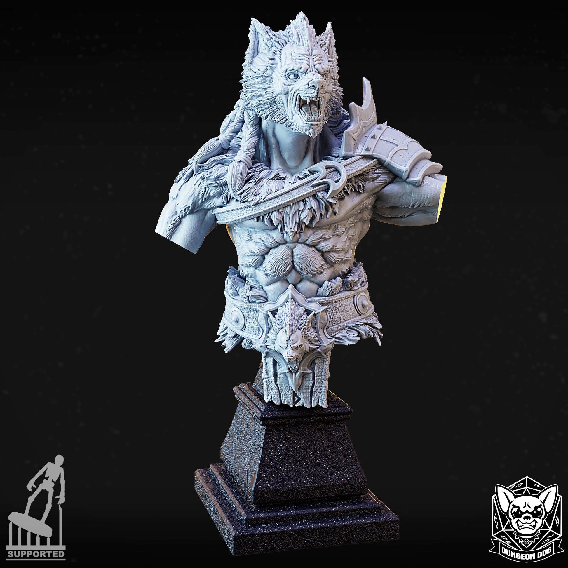 Front hero render of unpainted 50mm werewolf alpha resin hobby bust with single shoulder armor on a pedestal.
